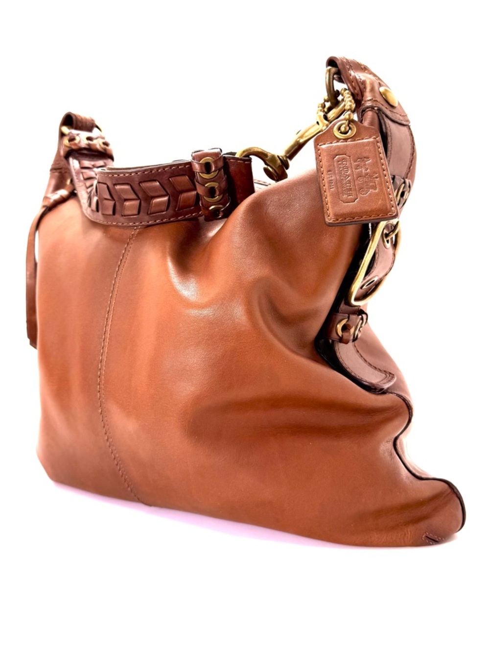 Coach Ergo Brown Leather Vintage Hobo Bag in Satin Tattersall Y2K Brass Buckle - Picture 5 of 14
